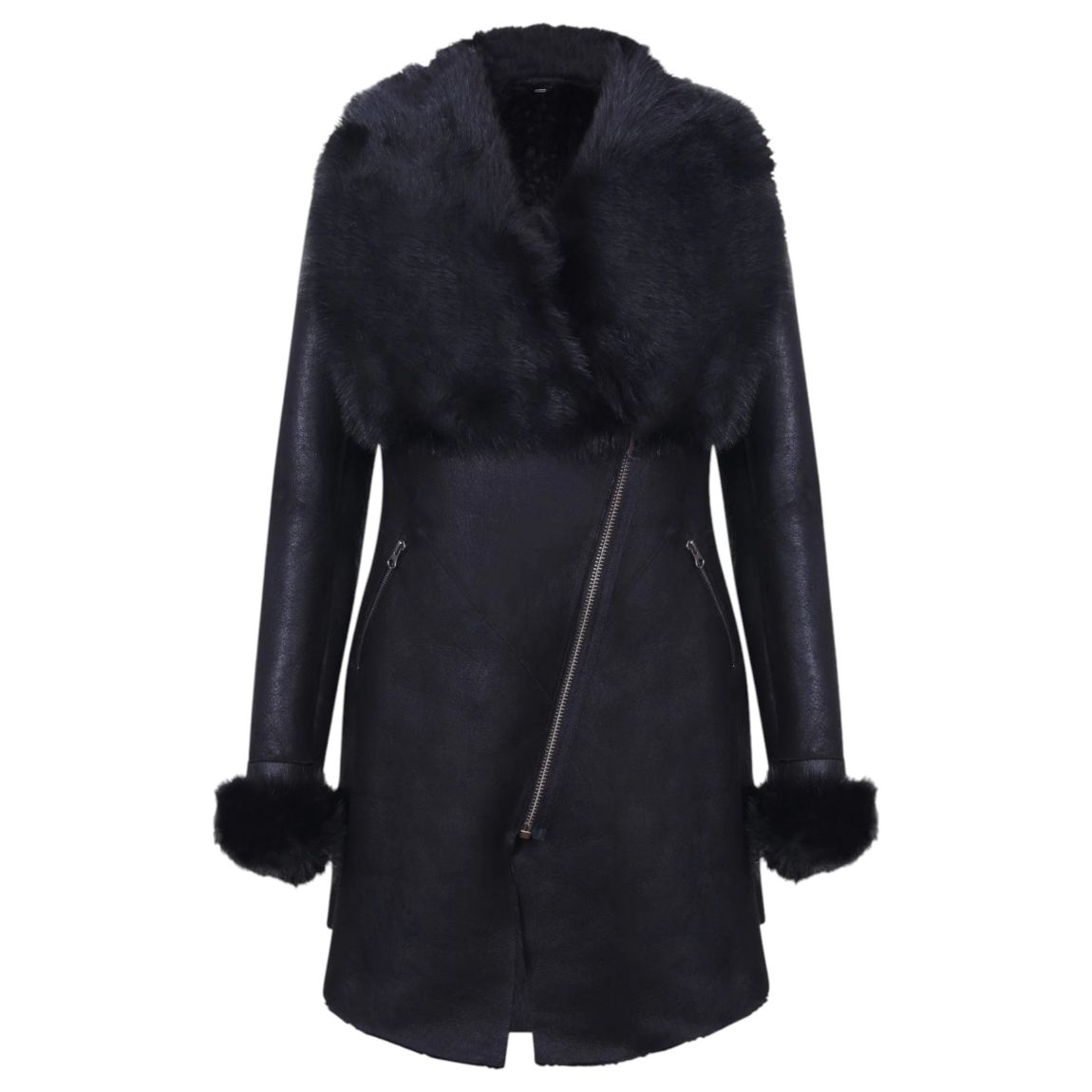 Womens Black Merino Shearling Toscana Coat-Romford main product photo
