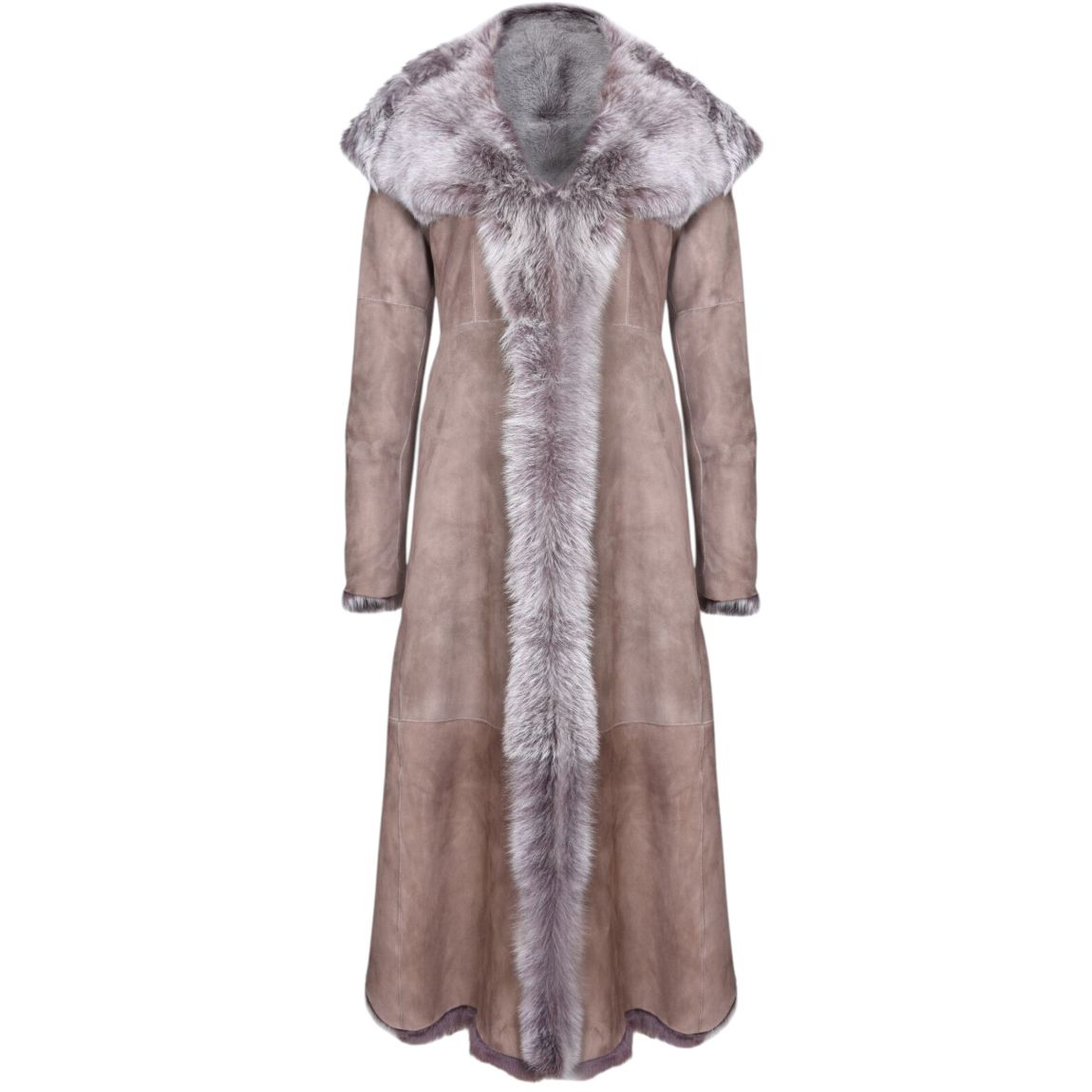 Womens Taupe Suede Toscana Sheepskin Hooded Trench Coat-Fribourg main product photo