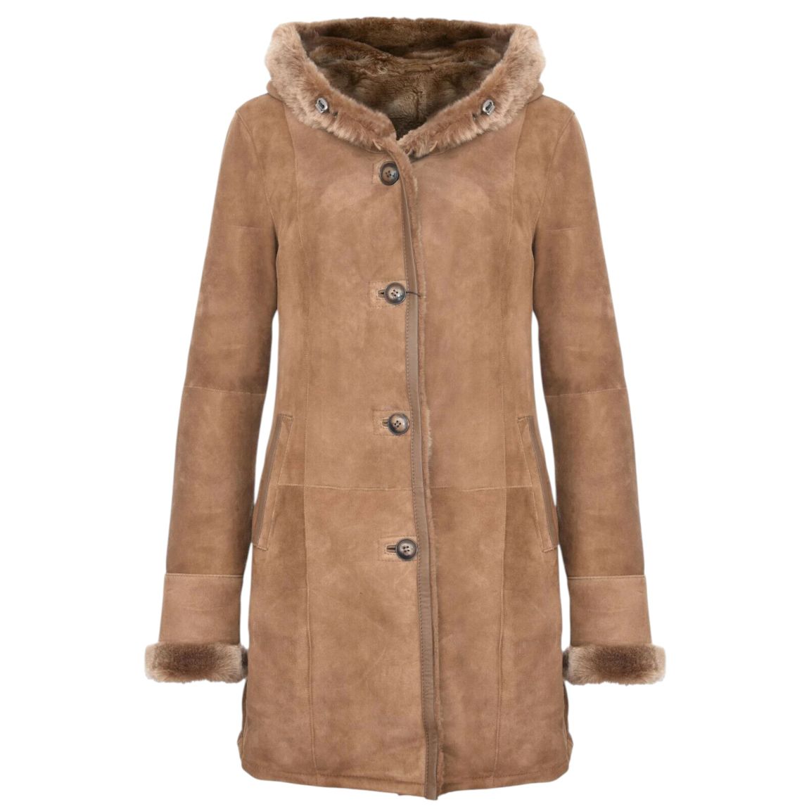 Womens Tan Suede Merino Sheepskin Hooded Coat-Richmond main product photo