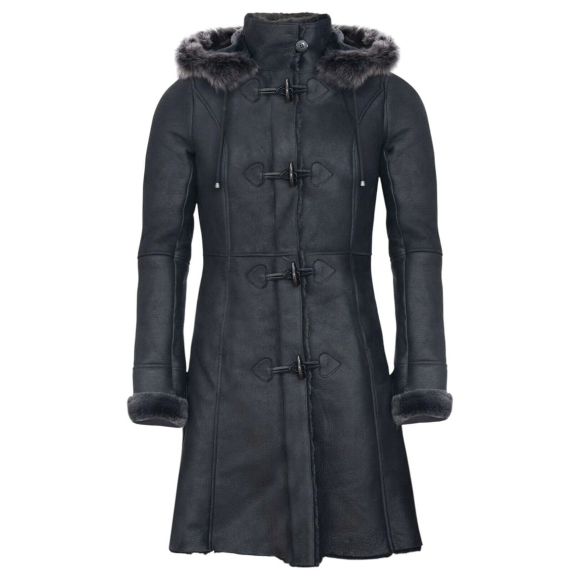 Womens Sheepskin Hooded Black Duffle Overcoat-Redhill main product photo
