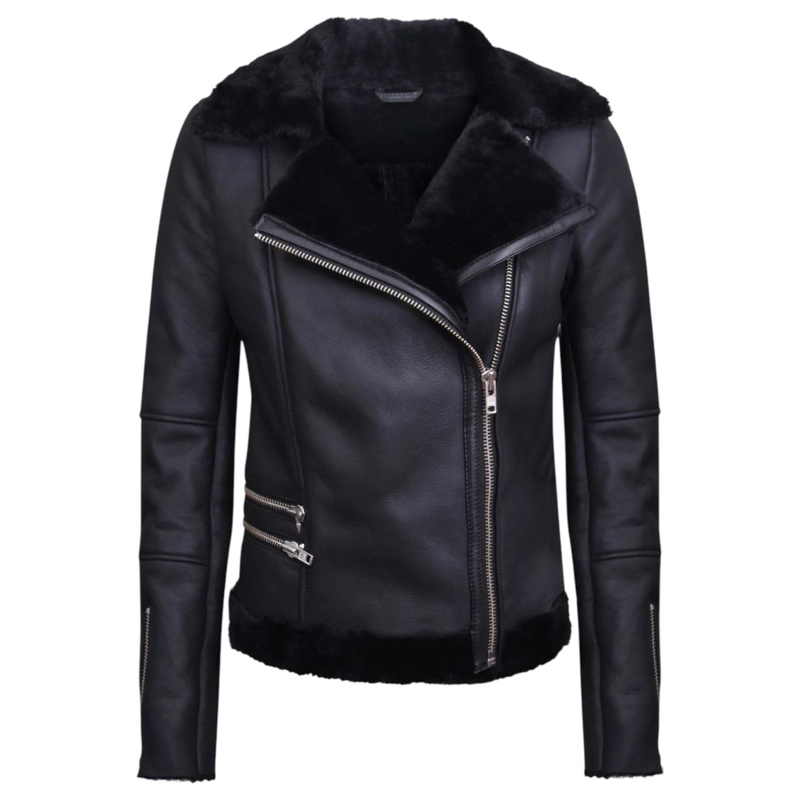 Womens Shearling Sheepskin Black Aviator Jacket-Patchway main product photo