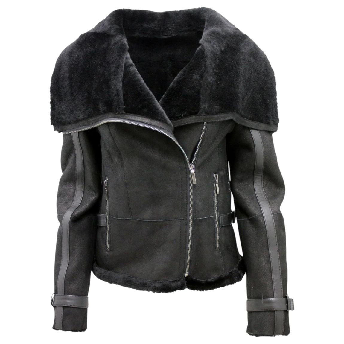 Womens Black Merino Sheepskin Leather Jacket-Petworth main product photo