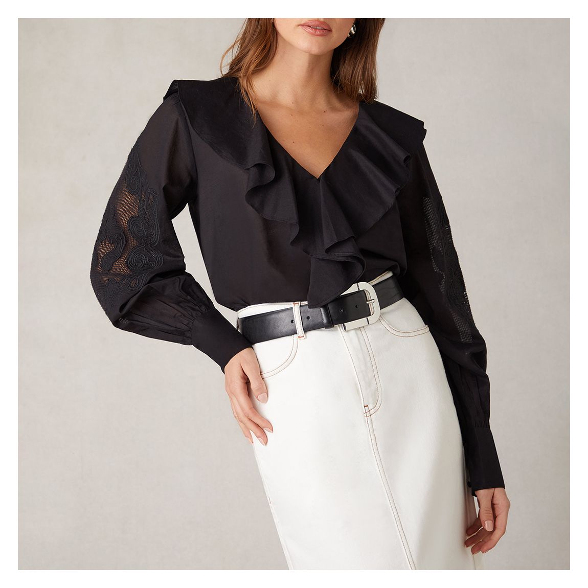 Black Embroidery Mesh Sleeve Cotton Blouse main product photo