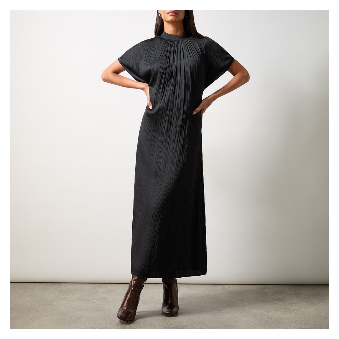 Petite Black High Neck Plisse Dress main product photo