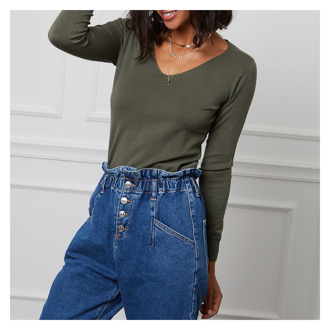 Khaki Green Fine Knit V-Neck Jumper main product photo