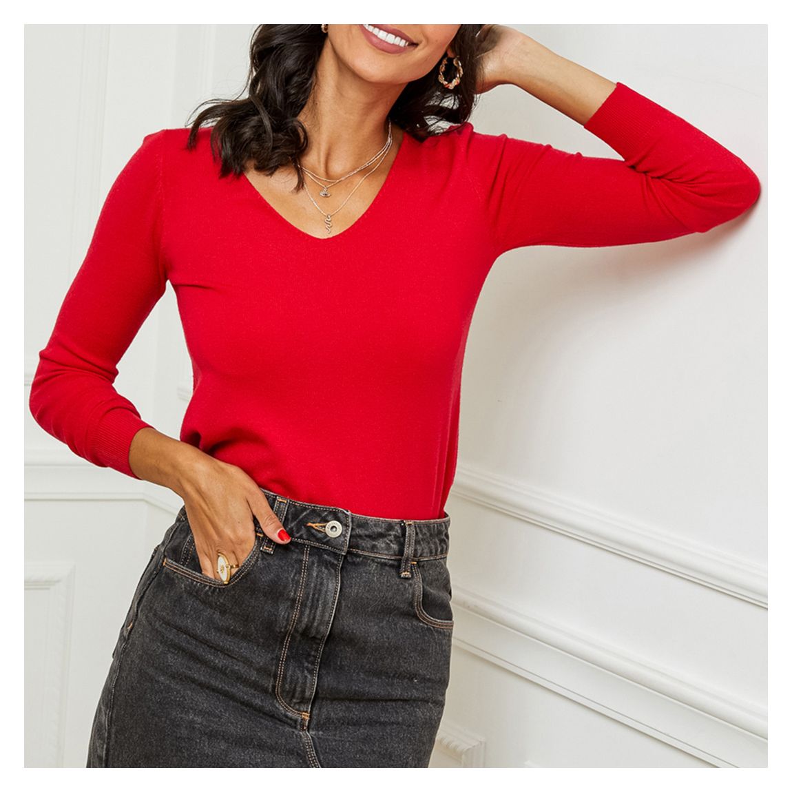 Red Green Fine Knit V-Neck Jumper main product photo