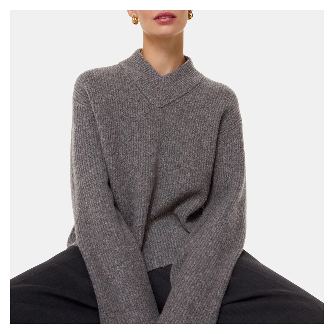 Grey High V Neck Wool Jumper main product photo