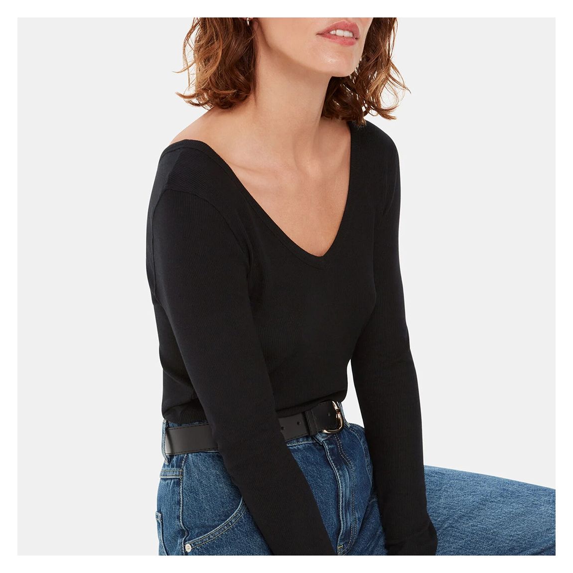 Black Essential Ribbed V Neck Top main product photo