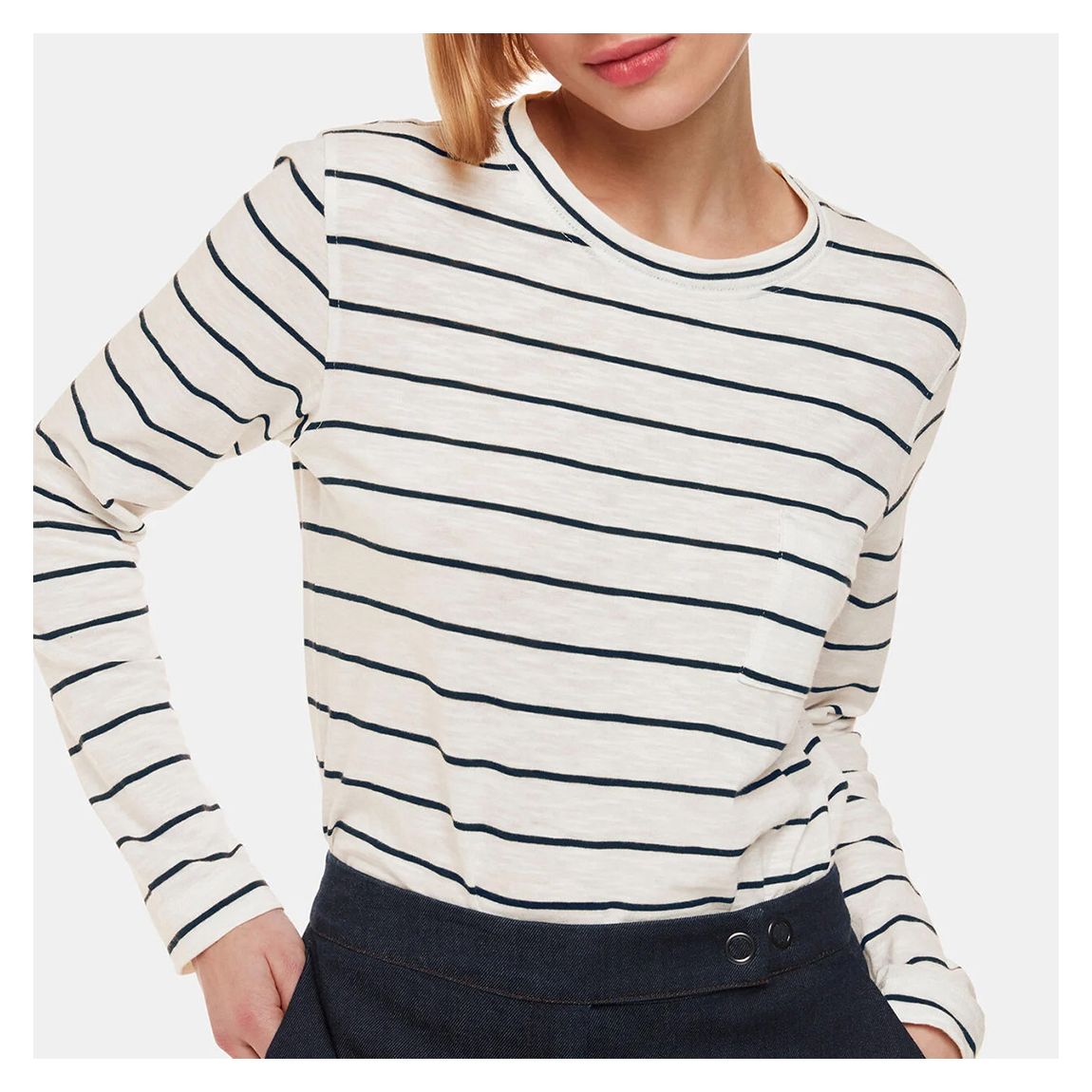 White Stripe Crew Neck Pocket Top main product photo