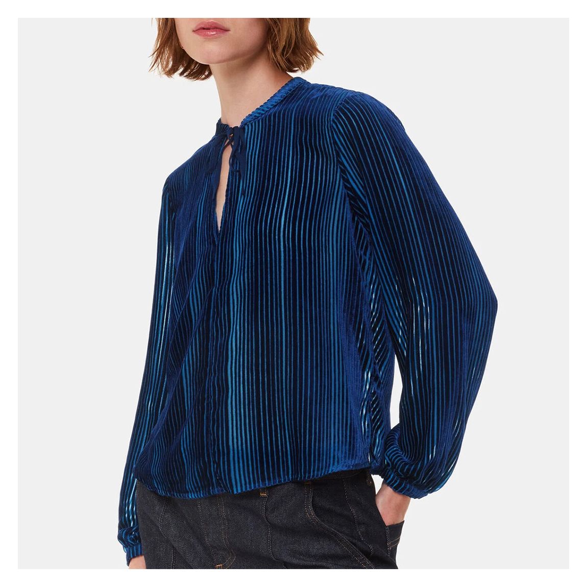 Blue Devore Stripe Velvet Blouse main product photo
