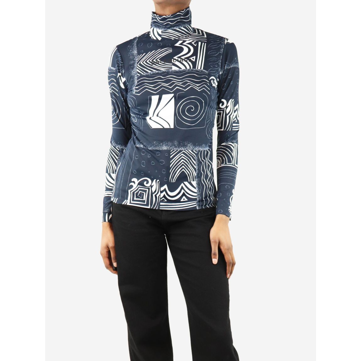 Blue and white abstract print turtleneck top main product photo