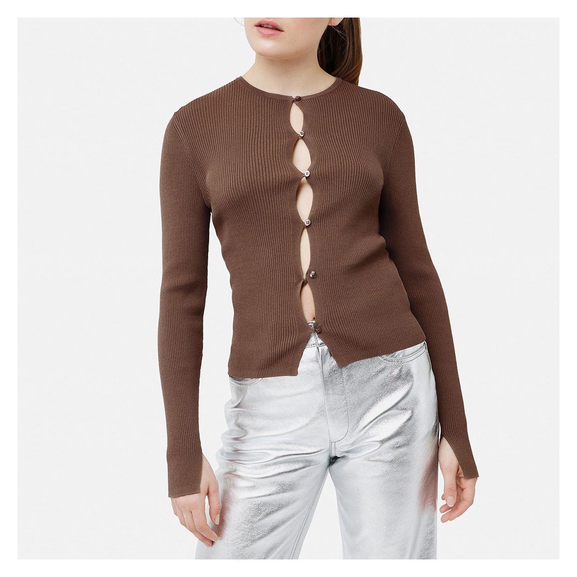 Chocolate Cut-Out Crew Neck Cardigan main product photo