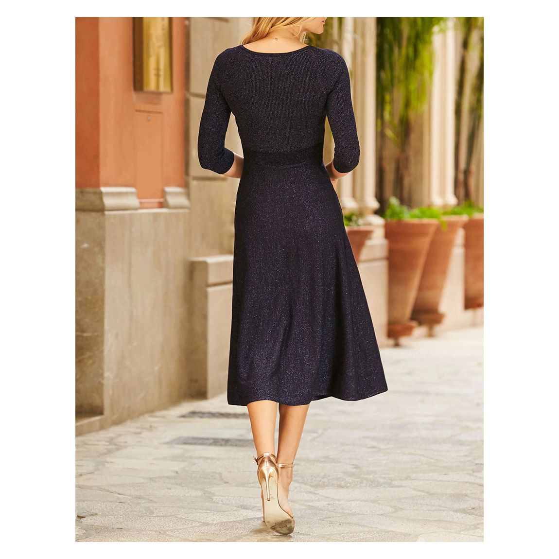Navy Blue Metallic Sweetheart Neckline Fit & Flare Knitted Dress main product photo