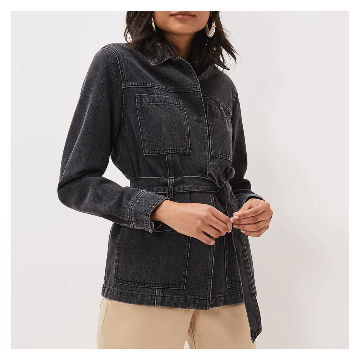 Washed Black Denim Belted Shacket main product photo