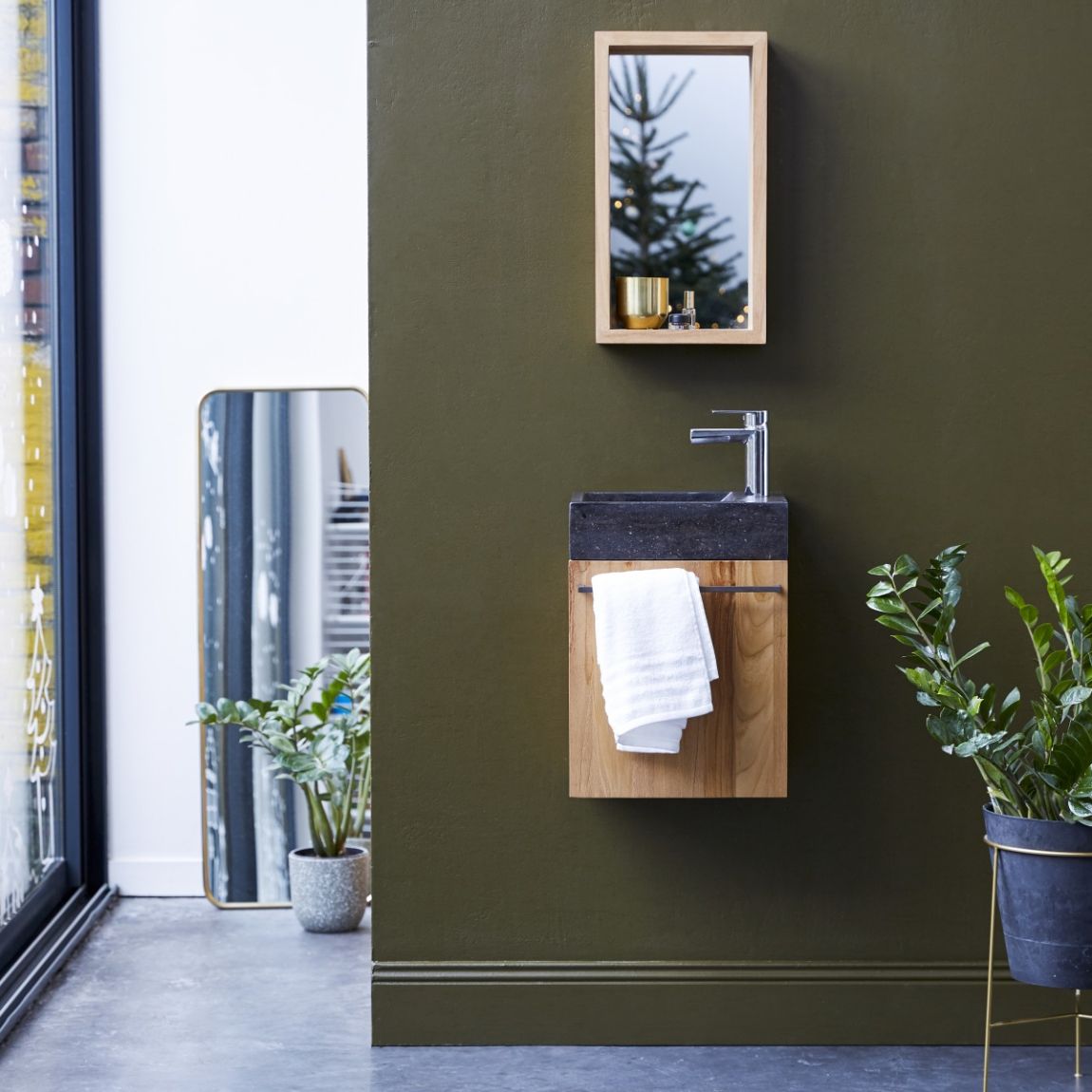 Stelle - Solid teak and black marble washbasin cabinet main product photo
