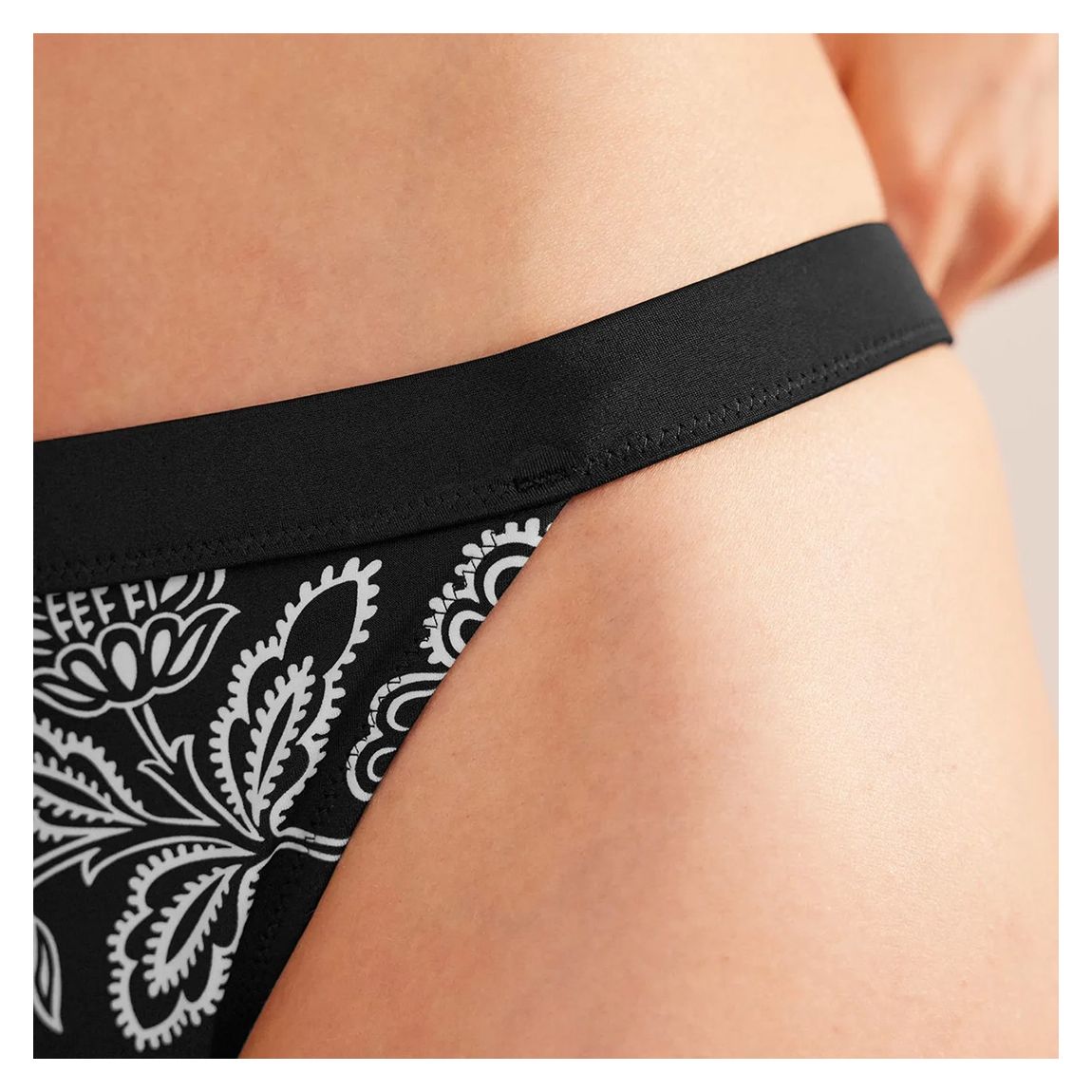 Tanga Bikini Bottoms-Black, White Floral main product photo