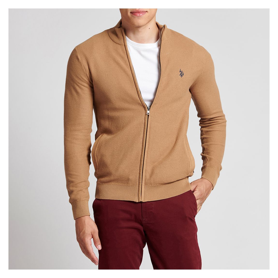Tan Cotton Honeycomb Knit Zip Cardigan main product photo