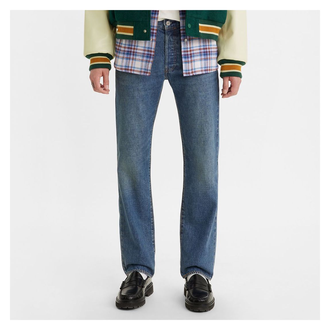 Medium Indigo 501® Tapered Leg Stretch Jeans main product photo