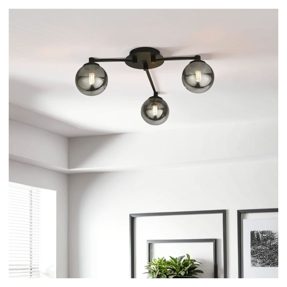 Navarro Flush 3-Light Black Ceiling Light with Smoked Glass main product photo