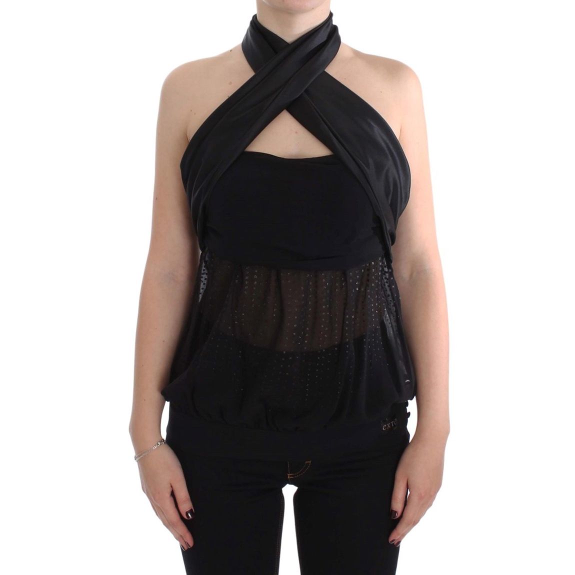 Halter Neck Sheer Overlay Top Wo - Black T-Shirts main product photo