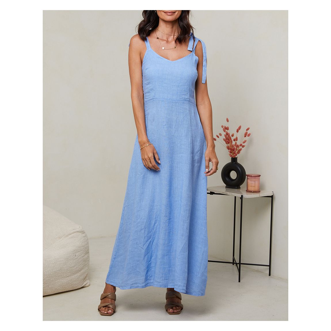 Pale Blue Tie Strap Linen Dress main product photo