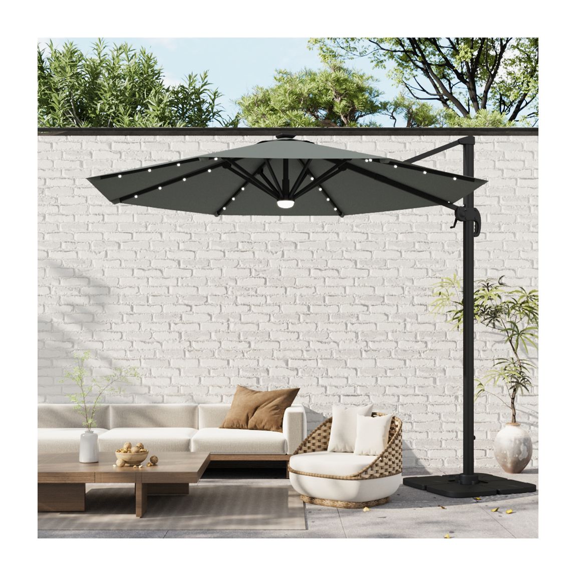 Round Cantilever Parasol with Solar Light and HDPE Parasol Base 293cm - Dark Grey main product photo