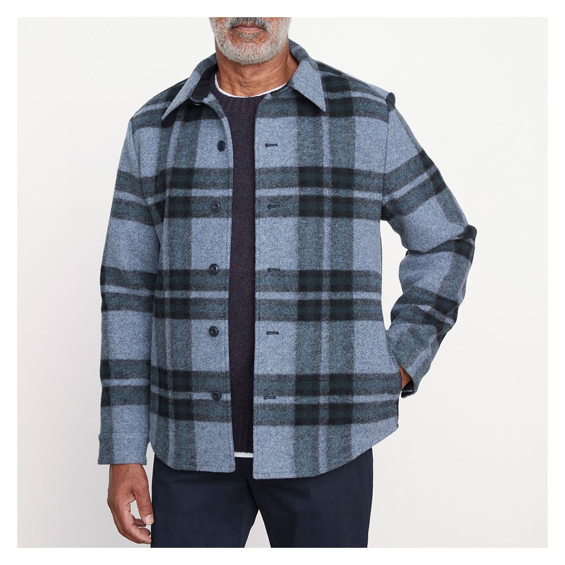 Blue Heavy Knit Plaid Cotton Shirt Jacket main product photo