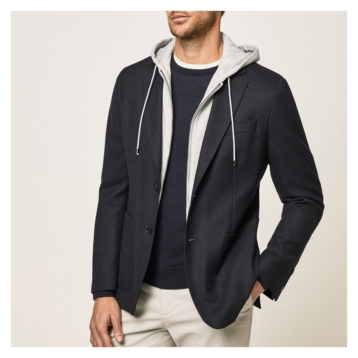 Navy Hooded Wool Blend Blazer main product photo