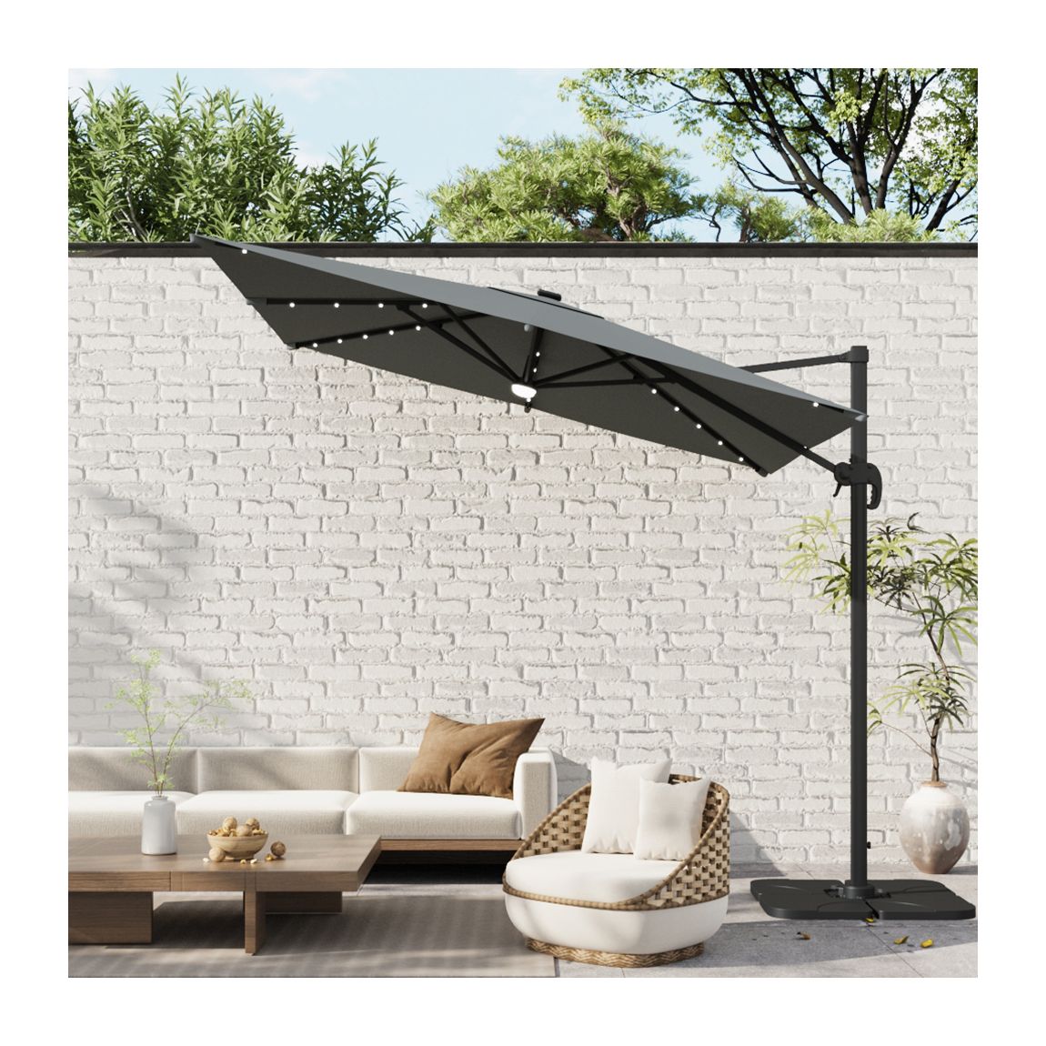 Square Cantilever Parasol with Solar Light and HDPE Parasol Base 297cm - Dark Grey main product photo