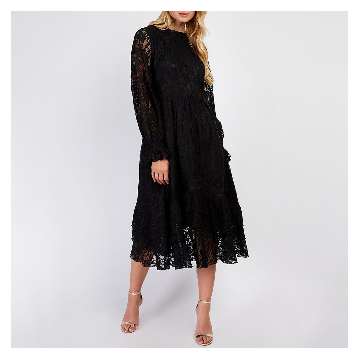 Black Lace Frill Midi Dress main product photo