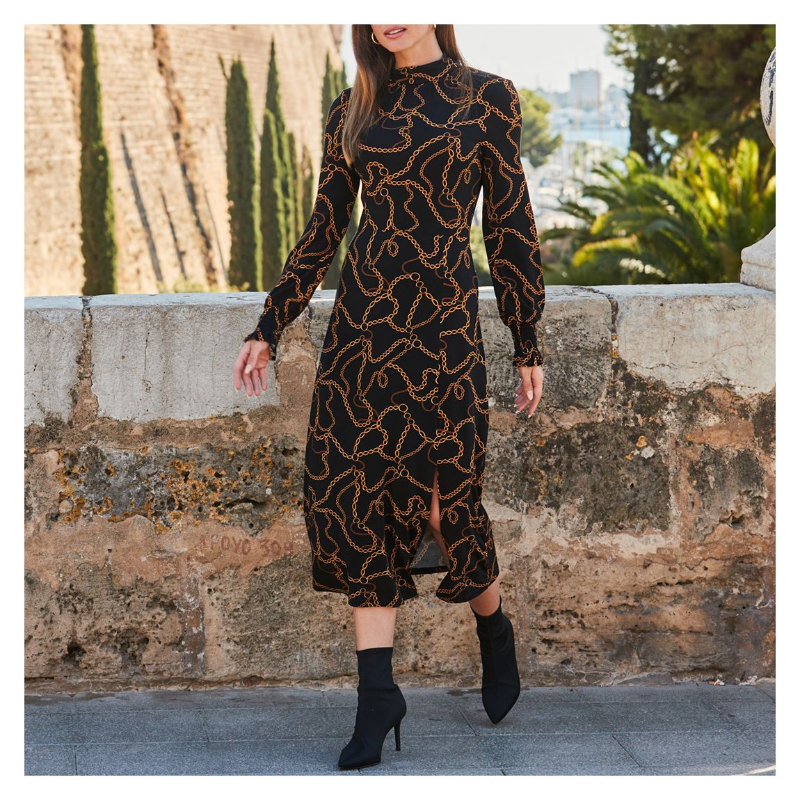 Black/Gold Chain Print High Neck Dress main product photo
