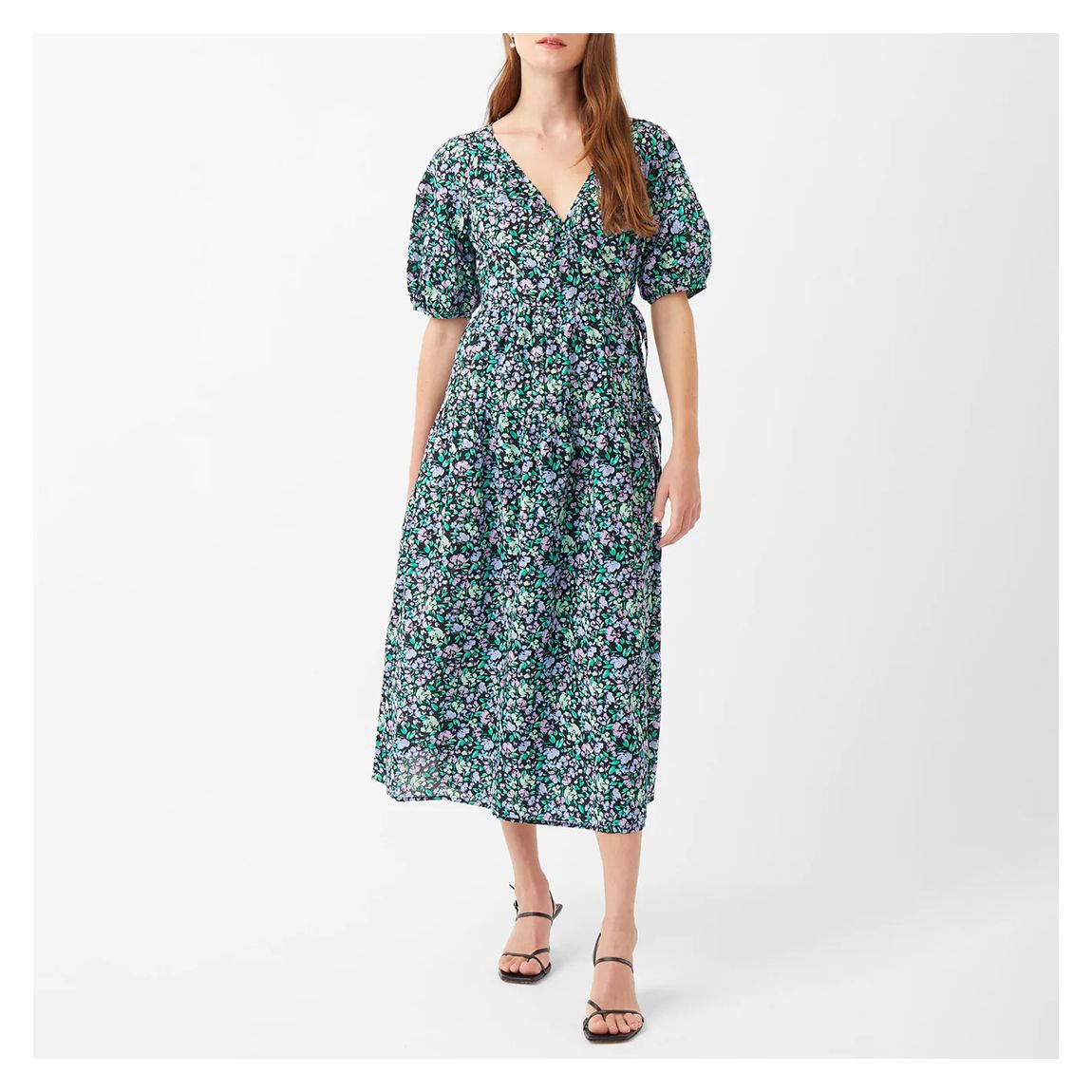 Black Floral Cotton Wrap Midi Dress main product photo