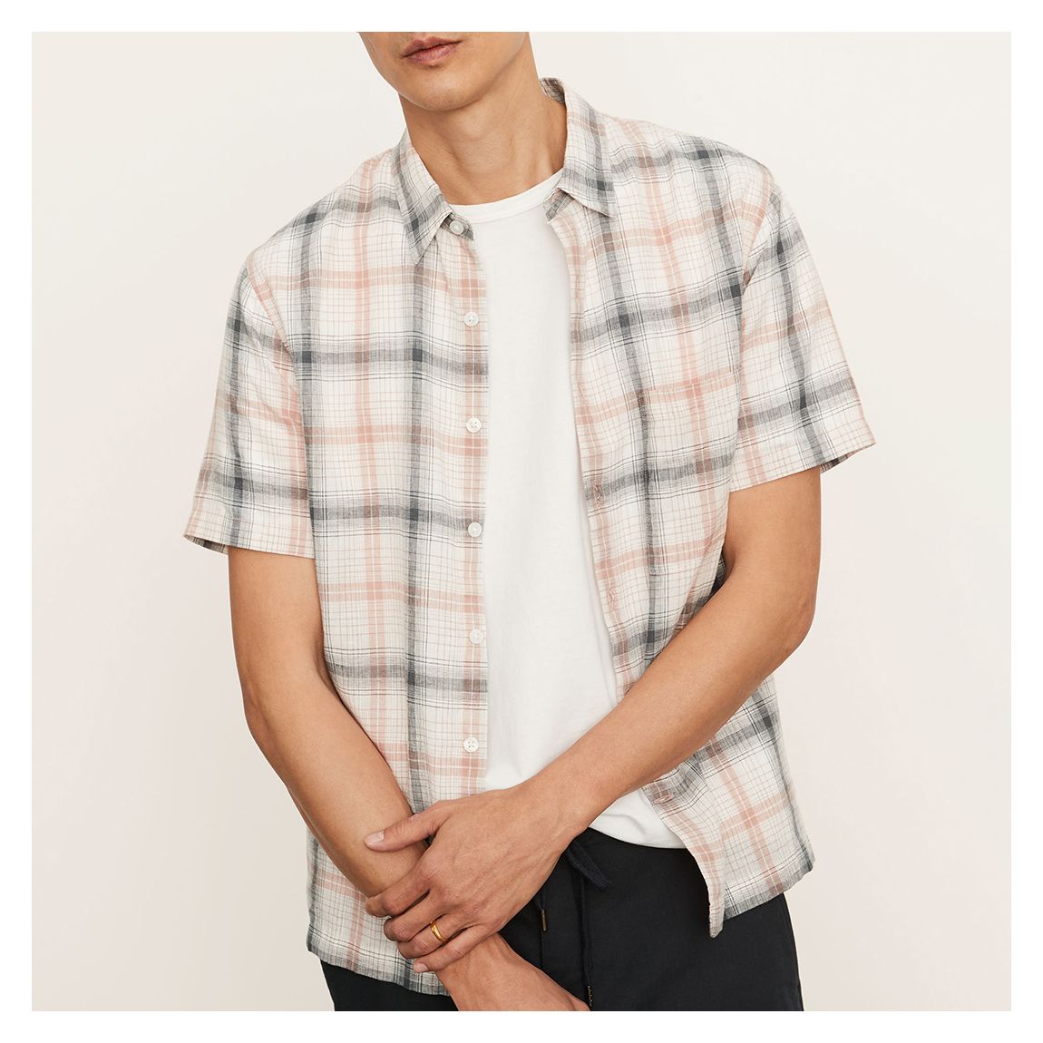 Ecru Check Short Sleeve Linen Blend Shirt main product photo