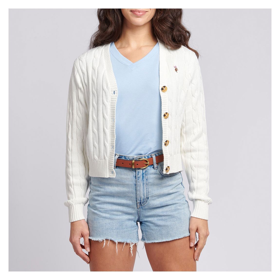 White Cable Knit Cropped Cotton Cardigan main product photo
