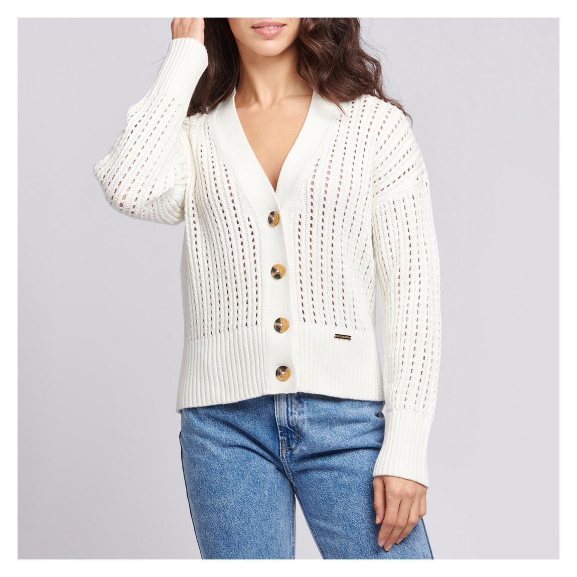 Ecru Pointelle V-Neck Cotton Cardigan main product photo