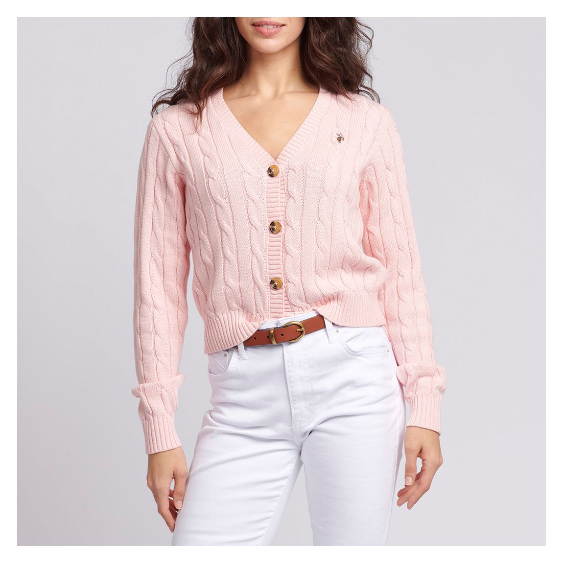 Pink Cable Knit Cropped Cotton Cardigan main product photo