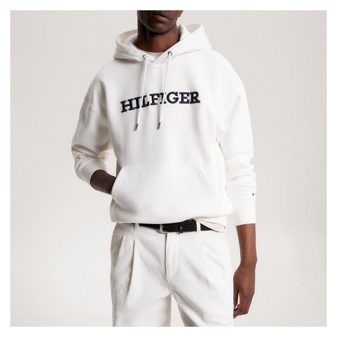 White Drawstring Cotton Blend Hoodie main product photo