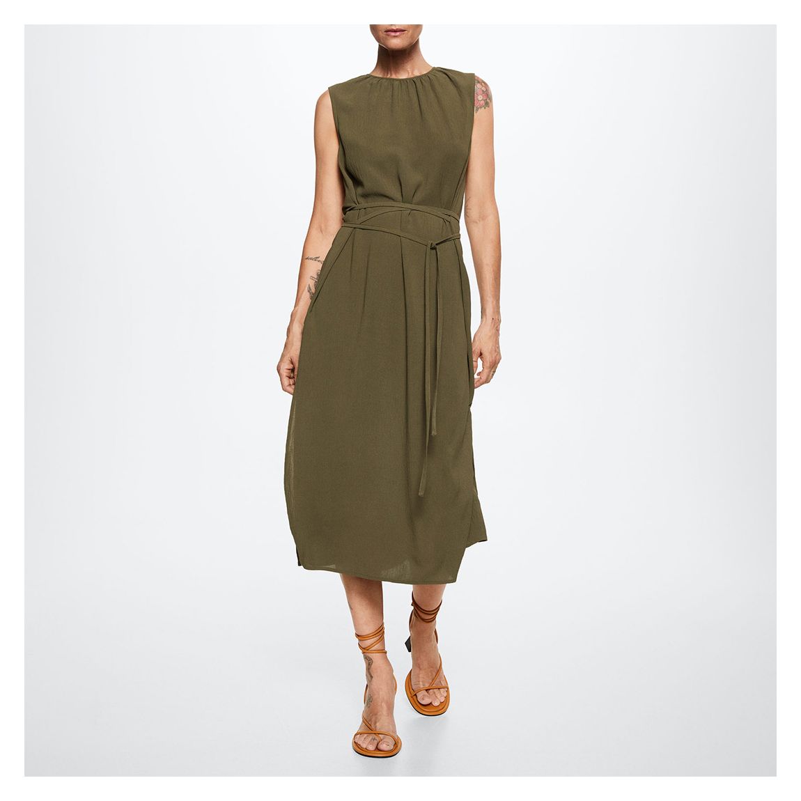 Khaki Belted Textured Dress main product photo