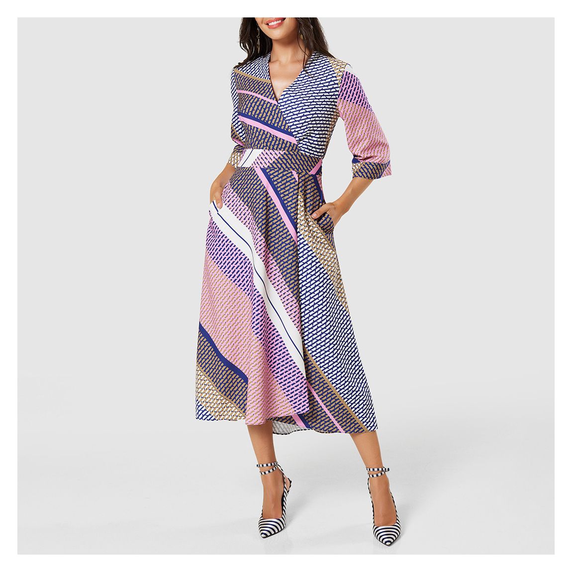 Multi/Blue High-Low Wrap Midi Dress main product photo