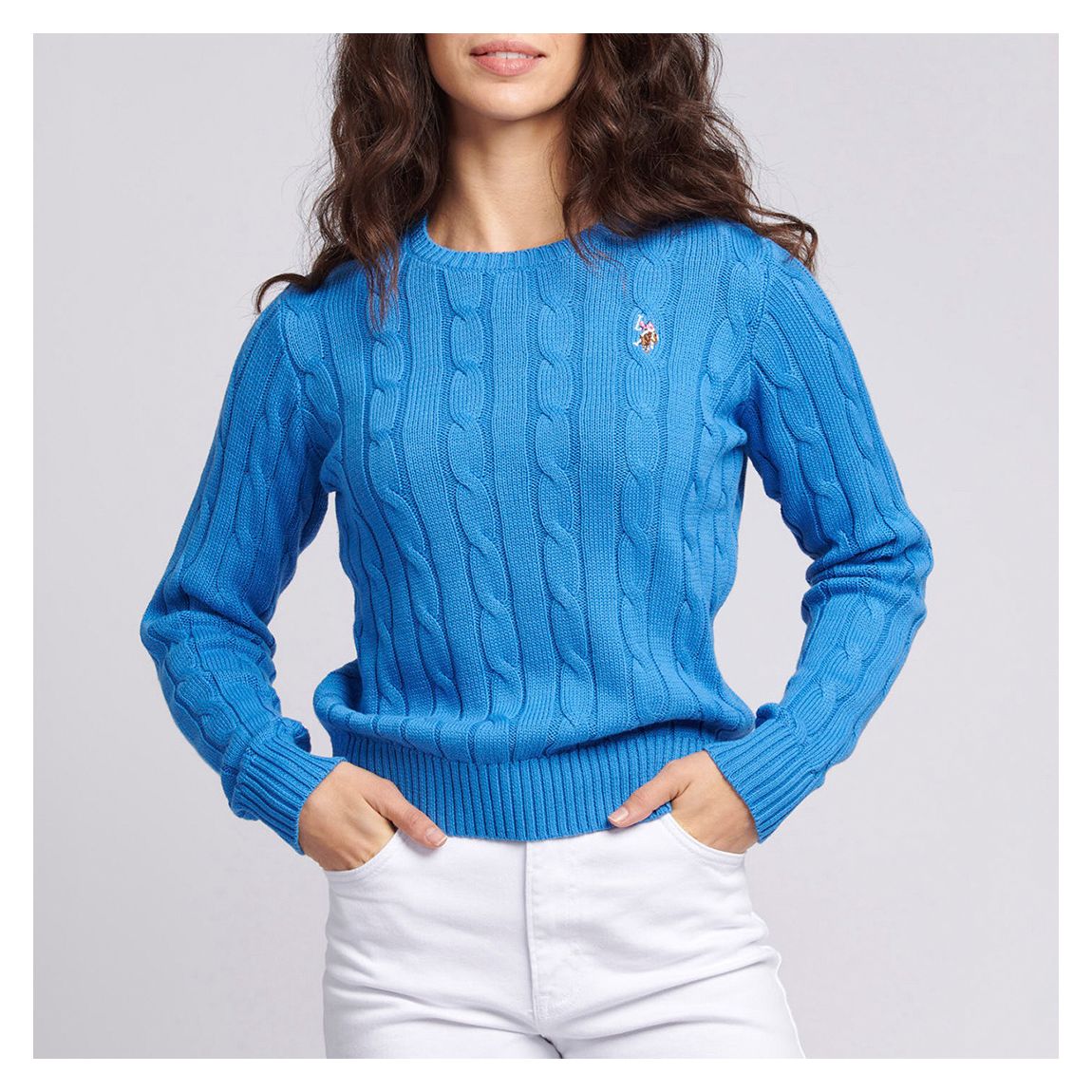 Blue Crew Neck Cable Knit Cotton Jumper main product photo