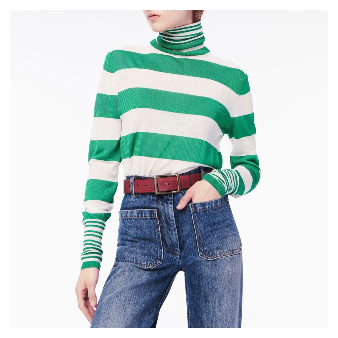 Green Striped Polo Neck Top main product photo