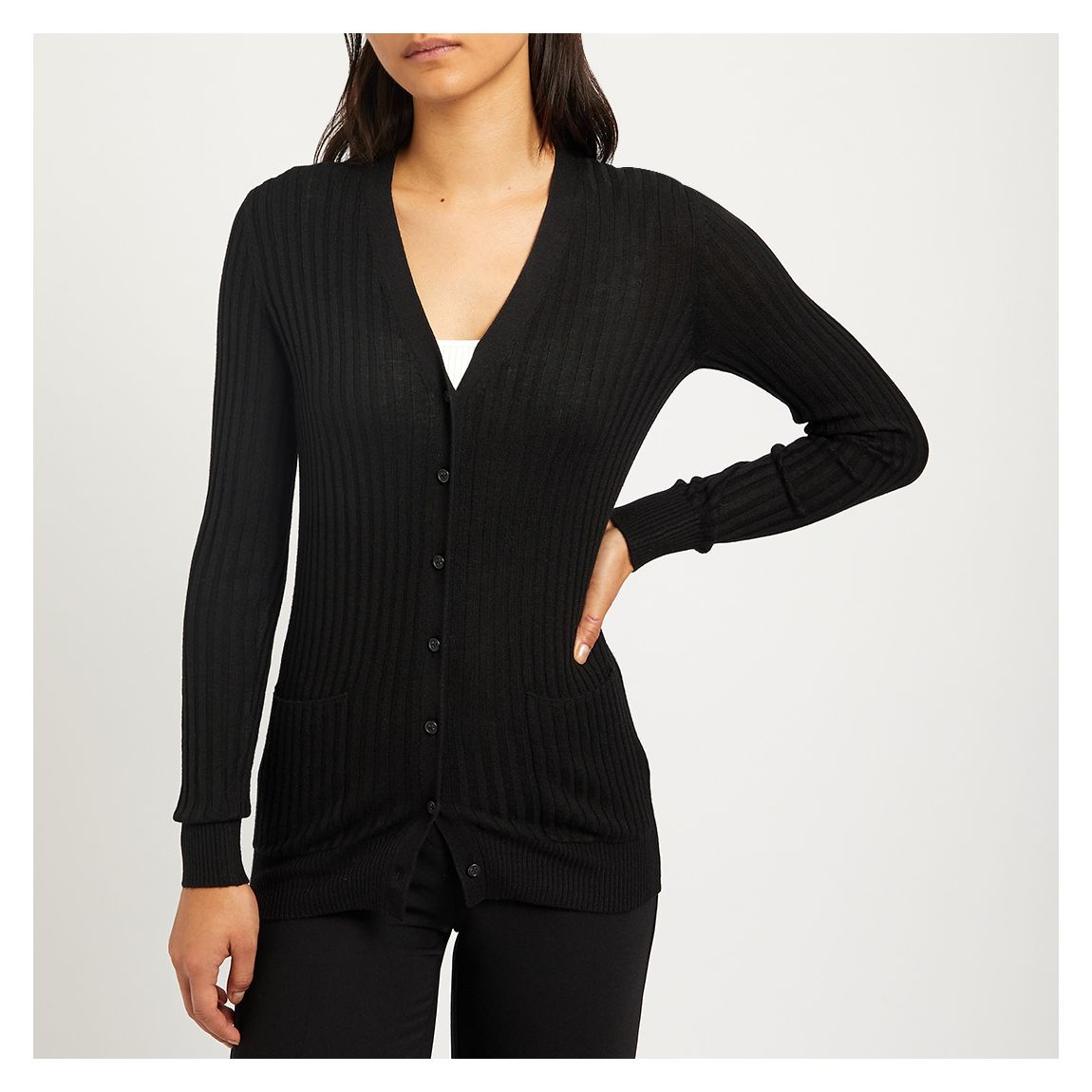 Black Slim Fit Ribbed Wool Blend Cardigan main product photo