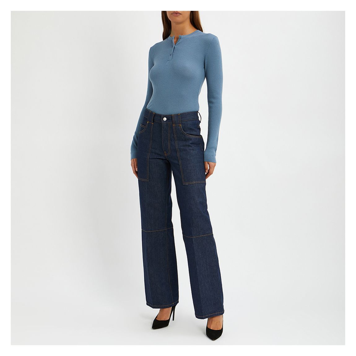 Slate Blue Wool Fine Knit Rib Henley Top main product photo