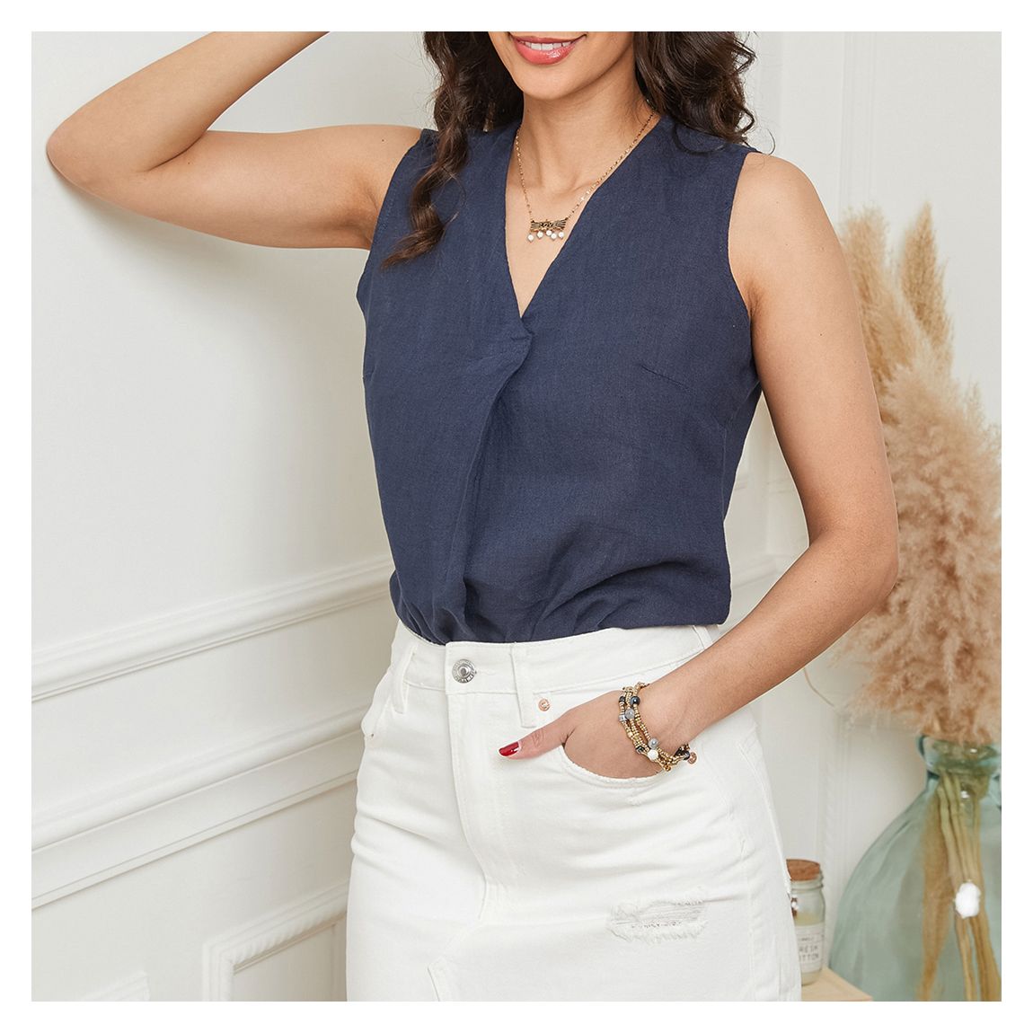 Navy V Neck Linen Top main product photo