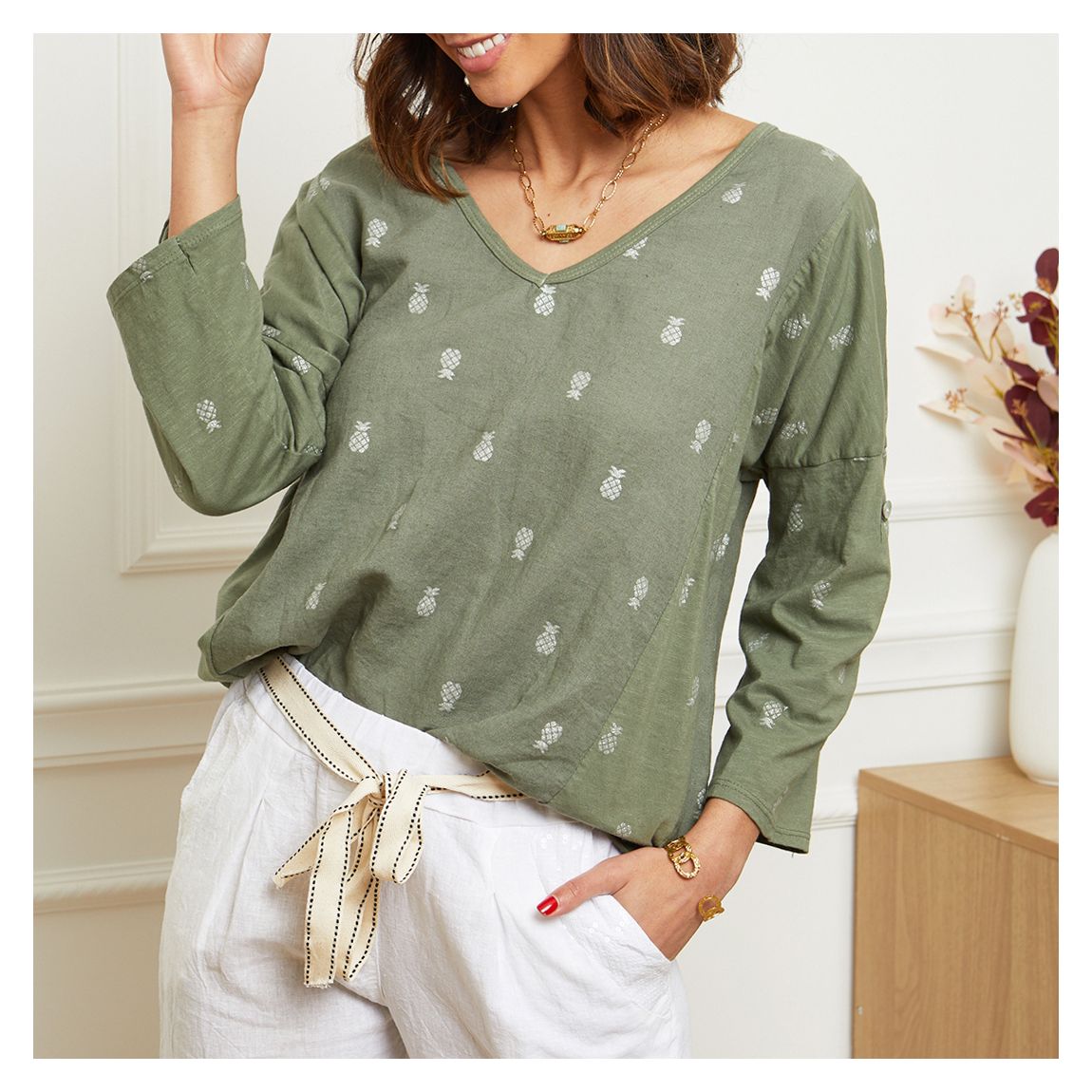 Khaki Pineapple Cotton Linen Blend Top main product photo