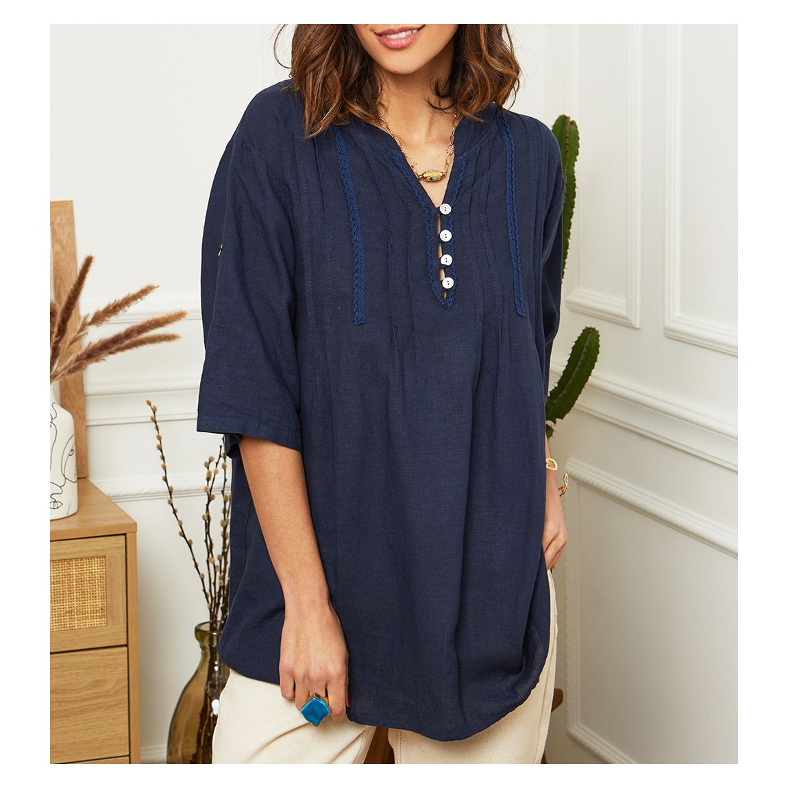 Navy Tiered Linen Shirt main product photo