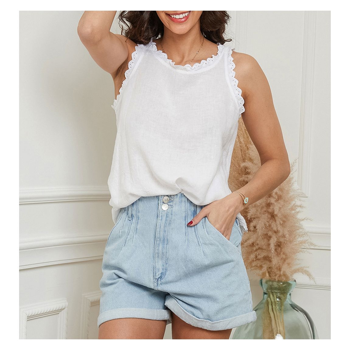 White Embroidered Linen Top main product photo