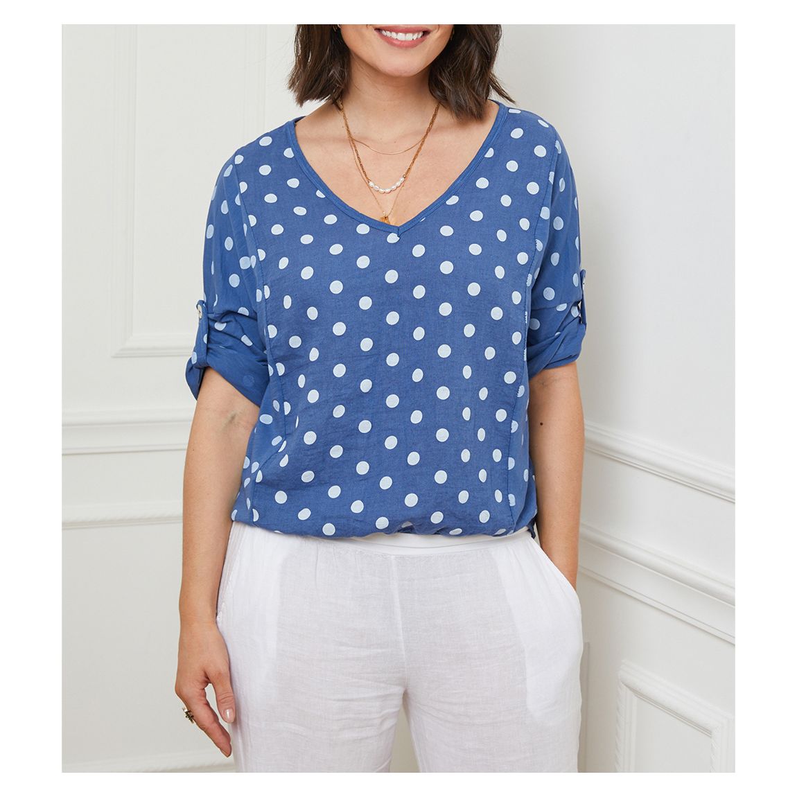 Blue Spot Print V Neck Linen Top main product photo