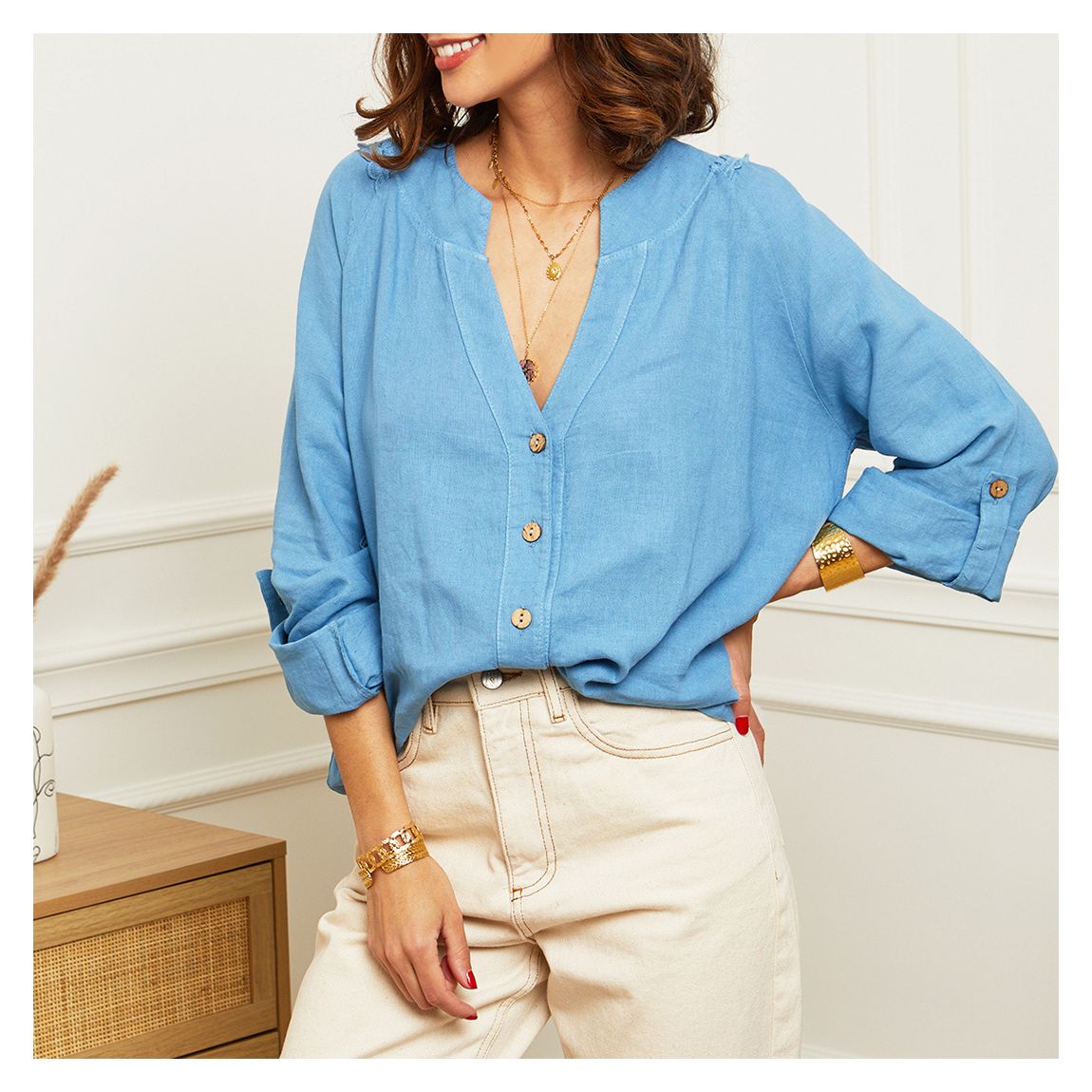 Blue V Neck Embroidered Top main product photo