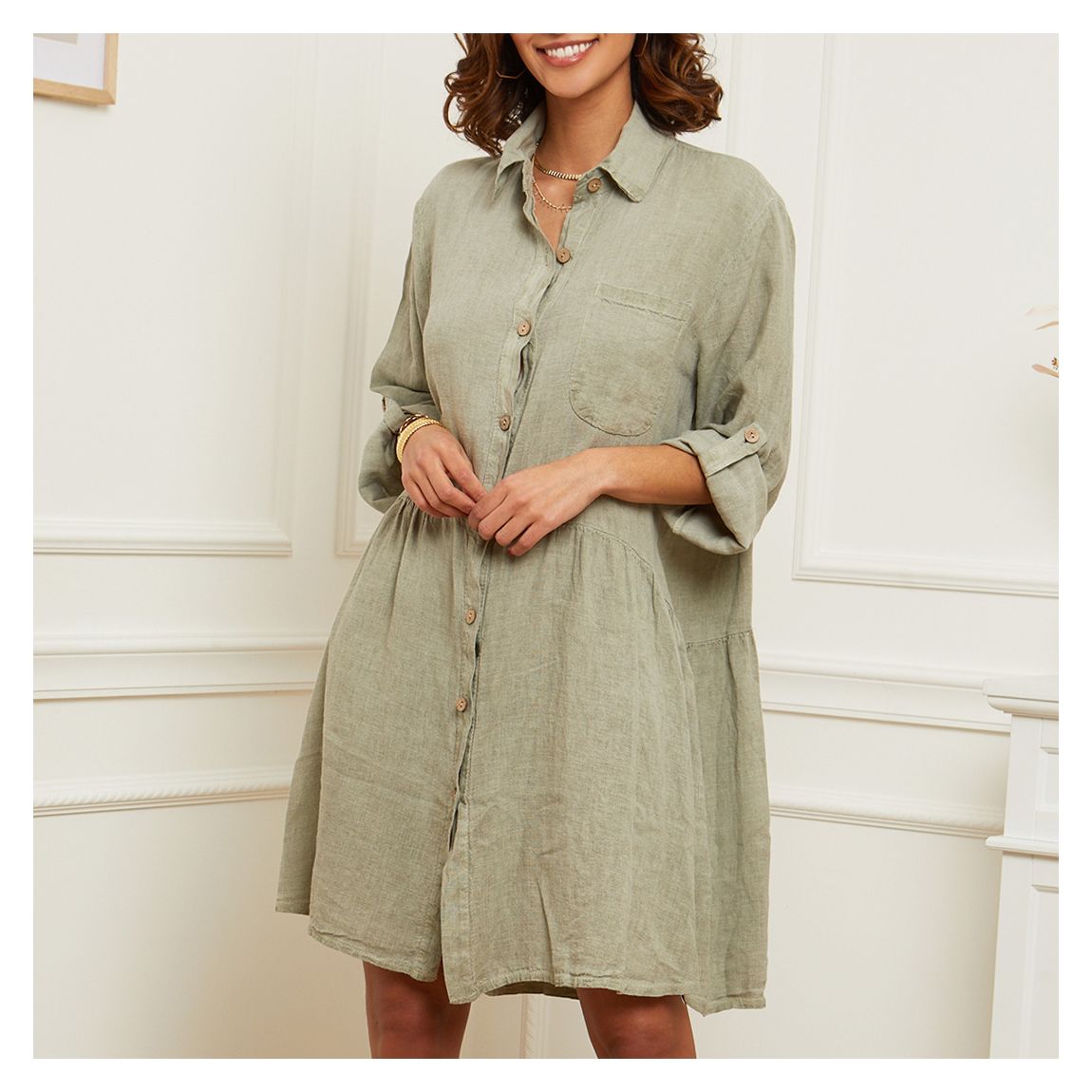 Khaki Collar Linen Shirt Dress main product photo